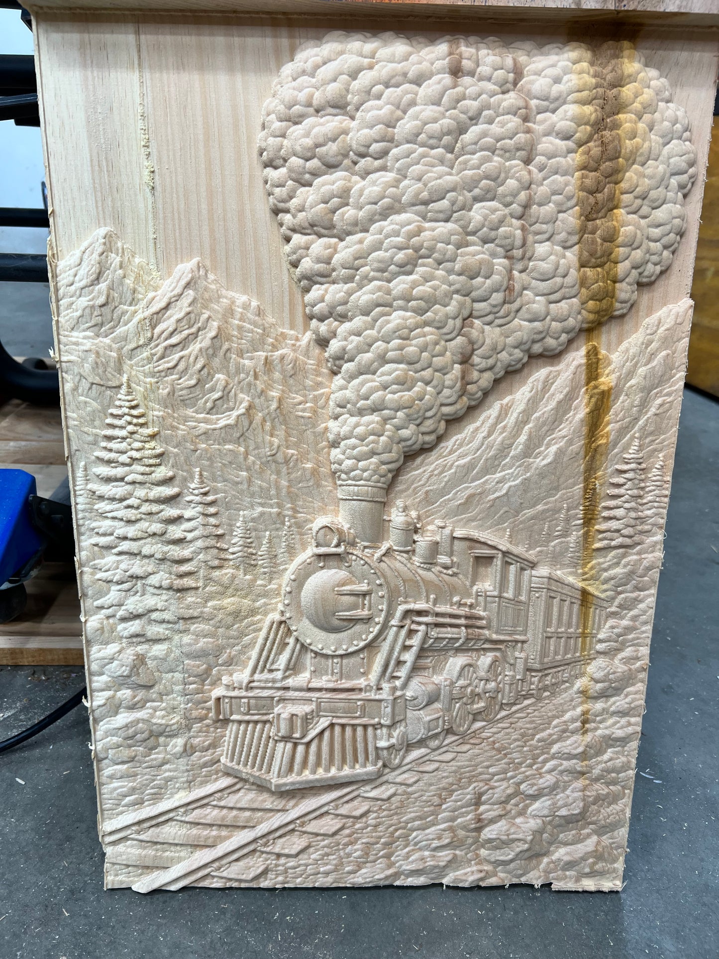 3D Mountain Train Relief Carving – 16” x 24”