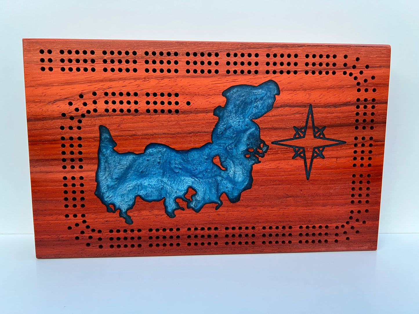 Custom Luxury Cribbage Board with Carved Lake Design