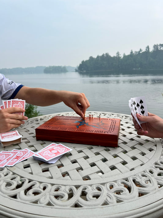 Custom Luxury Cribbage Board with Carved Lake Design