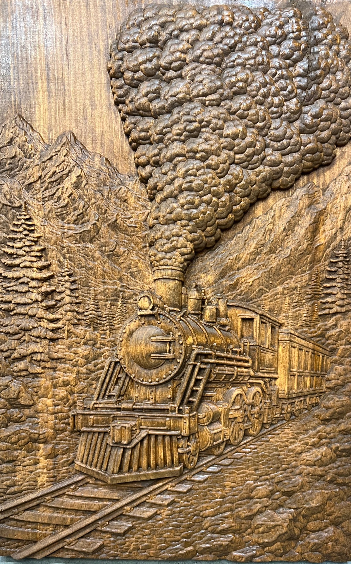 3D Mountain Train Relief Carving – 16” x 24”