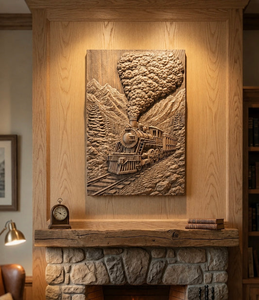 3D Mountain Train Relief Carving – 16” x 24”