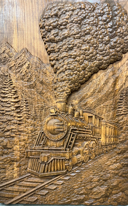 3D Mountain Train Relief Carving – 16” x 24”
